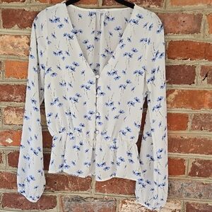 Floral V-Neck Blouse - White and Blue in Size Small